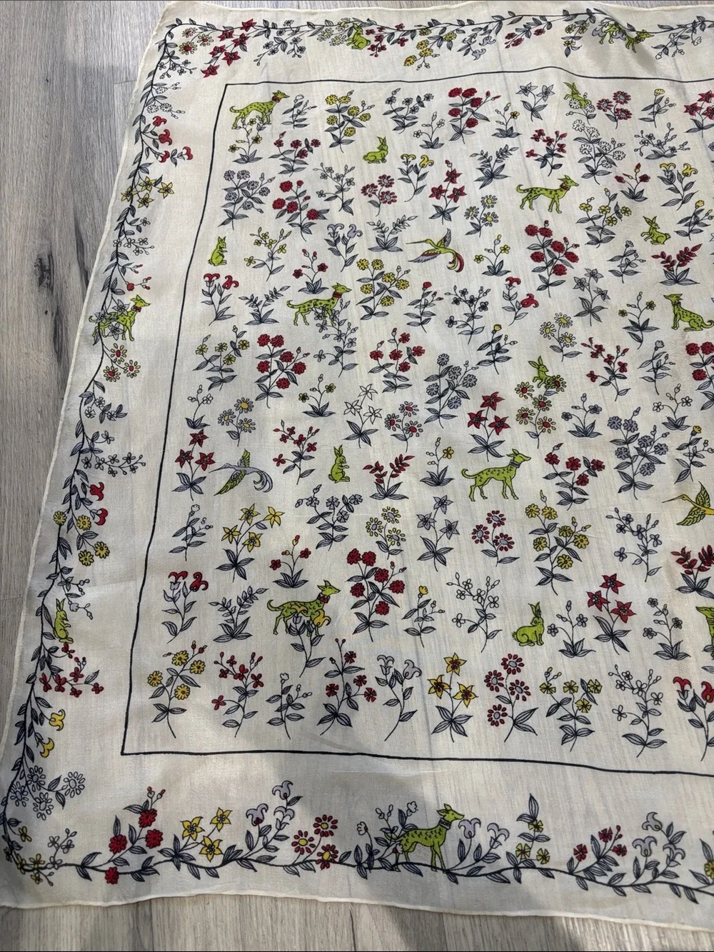 Floral & Fox Print Scarf - White with Red, Green & Gray silk.